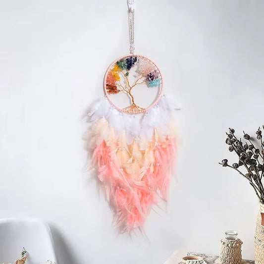 Colorful Tree Of Life Dream Catcher Natural Stone Pink Feather