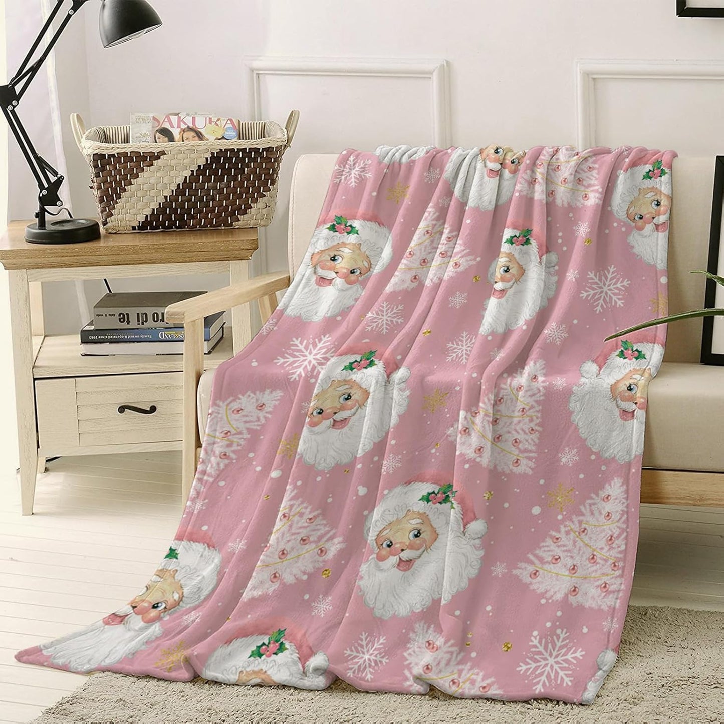 Christmas Pink Santa Claus Snowflakes Throw Blanket