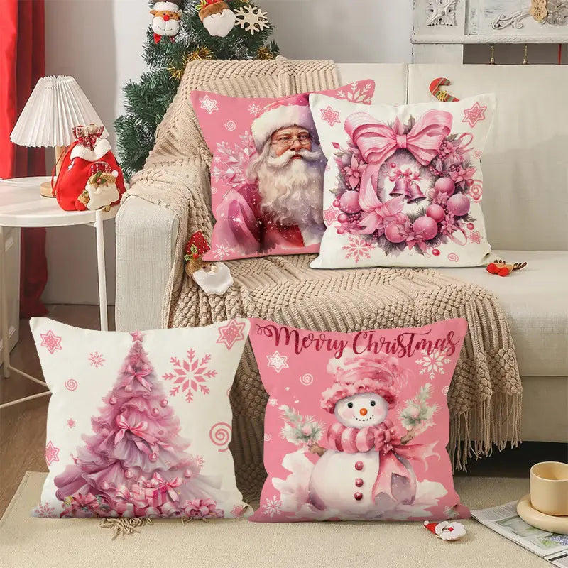 Pink Christmas Home Decor Santa Pillow Cover (4 Covers)