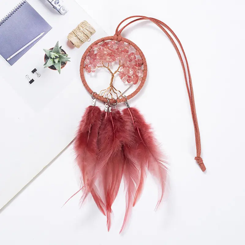 Dream Catchers for Car Hanging Crystal Tree Dream Catcher With Natural Fluffy Feather