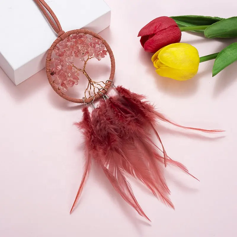 Dream Catchers for Car Hanging Crystal Tree Dream Catcher With Natural Fluffy Feather