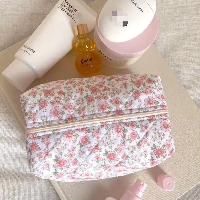 Pink Floral Quilted Makeup Bag